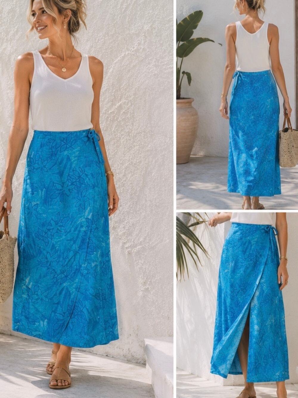 Jones Wear Sport Linen Blend Wrap Maxi Skirt Blue Tropical Floral Sz 8